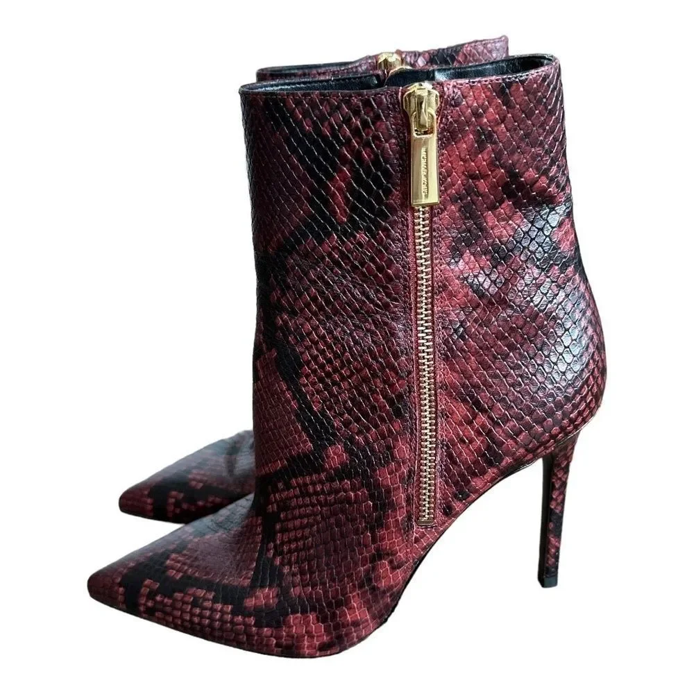 Michael Kors Womens Keke Maroon Snakeskin Pointed Stiletto Ankle Boots Shoes 8.5